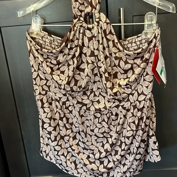 NWT Oscar de la Renta top. Size L Brown and Cream lead design ties around neck - Picture 10 of 15